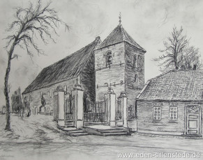 Schortens, Kirche, 1962, 37x28 cm, Kohlezeichnung, BPrivatbesitz (WV-Nr. 1514)