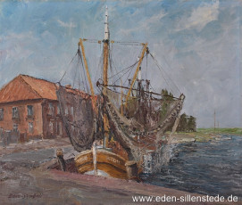 Hooksiel, Alter Hafen, 1960er, 64x54,2 cm, Öl auf Leinwand, Privatbesitz (WV-Nr. 1521)