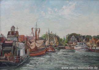 Neuharlingersiel, Hafen, 1969, 74,5x54 cm, Öl auf Leinwand, Privatbesitz (WV-Nr. 892)