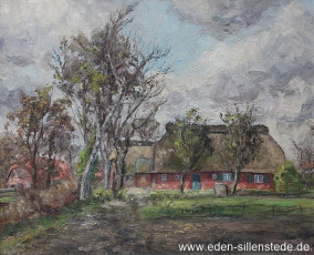 Obenstrohe, Rundgehöft, um 1970, 74,5x60,5 cm, Öl auf Leinwand, Privatbesitz (WV-Nr. 893)