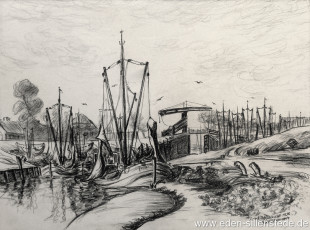 Carolinensiel, Friedrichsschleuse 1956, 1950-60er, 39x29 cm, Kohlezeichnung, Besitz Wilhelm Peters Hohenkirchen (WV-Nr. 1530)