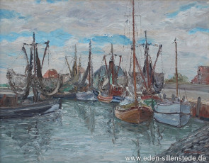 Hooksiel, Hafen, um 1960, 65x50,5 cm, Öl auf Leinwand, Privatbesitz (WV-Nr. 1524)