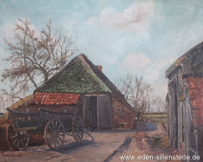 Unbekannter Ort, Reetdachhof mit Ackerwagen, um 1940, 60x48,5 cm, Öl auf Leinwand, Privatbesitz (WV-Nr. 1526)