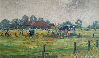 Unbekannter Ort, Kuhweide, 1950er, 50x30 cm, Öl auf Leinwand, Privatbesitz (WV-Nr. 1531)