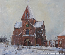 Wilhelmshaven, Wurftkirche Heppens, 1950er, 53,2x45 cm, Öl auf Leinwand, Privatbesitz (WV-Nr. 1523)