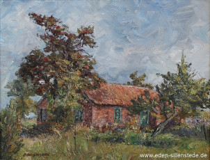 Moorhausen, Altes Haus am Räuberbusch, 1960er, 38,5x50,4 cm, Öl auf Leinwand, Privatbesitz (WV-Nr. 1458)