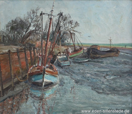 Hooksiel, Hafen bei Ebbe, um 1960, Öl auf Leinwand, 48x42 cm, Privatbesitz (WV-Nr. 1534)