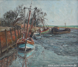 Hooksiel, Hafen bei Ebbe, um 1960, Öl auf Leinwand, 48x42,5 cm, Privatbesitz (WV-Nr. 1534)