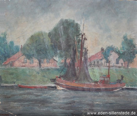 Carolinensiel, Boot im Hafen,1940-50er, 34,5x29,5 cm, Öl auf Karton, Nachlass Arthur Eden (WV-Nr. 158)