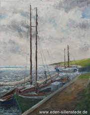 Inhausersiel, Boote bei Hochwasser,1960er, 50x65 cm, Öl auf Leinwand, Privatbesitz (WV-Nr. 886)
