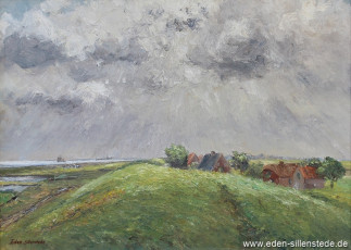 Inhausersiel, Häuser am Deich, 1960er, 72,5x52 cm, Öl auf Leinwand, Privatbesitz (WV-Nr. 1157)