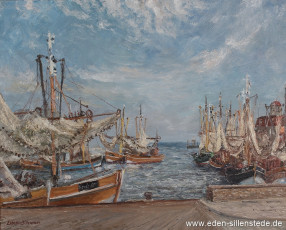 Neuharlingersiel, Blick auf den Hafen, um 1970, 72,5x58,5 cm, Öl auf Leinwand, Privatbesitz (WV-Nr. 1535)