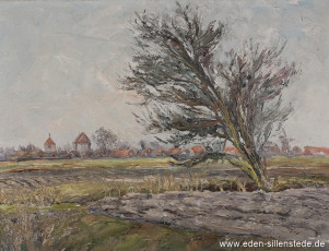 Sillenstede, Blick auf Sillenstede, 1950er, 50x38 cm, Öl auf Leinwand, Privatbesitz (WV-Nr. 1536)