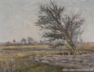Sillenstede, Blick auf Sillenstede, 1950er, 50x38 cm, Öl auf Leinwand, Privatbesitz (WV-Nr. 1536)