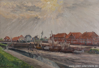 Hooksiel, Alter Hafen, um 1970, 70,5x48 cm, Öl auf Leinwand, Privatbesitz (WV-Nr. 1546)