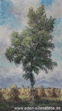 Jever, Umland, Getreidehocken im Wiedel, 1962, 50,5x90,5 cm, Öl auf Leinwand, Privatbesitz (WV-Nr. 1392)