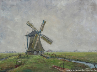 Neustadtgödens, Wasserschöpfmühle bei Gödens, 1968, 70,5x52,5 cm, Öl auf Leinwand, Privatbesitz (WV-Nr. 1555)