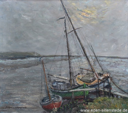 Hohenstiefersiel, Boote vor dem Deich, um 1960, 48x42,2 cm, Öl auf Leinwand, Privatbesitz (WV-Nr. 1556)