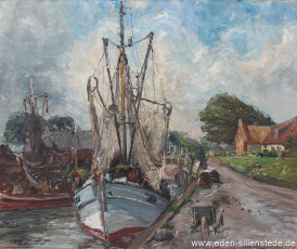 Westeraccumersiel, Hafen, Kutter bei Ebbe, 1963, 60,5x72,5 cm, Öl auf Leinwand, Privatbesitz (WV-Nr. 1564)