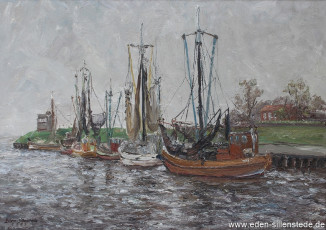 Dangast, Hafen, Kutter beim Kurhaus, 1969, 70x50 cm, Öl auf Leinwand, Privatbesitz (WV-Nr. 1560)