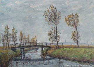 Jever, Umland, Brücke über dem Hookstief, 1950er, 69x49,5 cm, Öl auf Leinwand, Privatbesitz (WV-Nr. 1562)