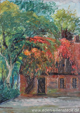 Jever, Stadt, Wangerstraße, Hinter dem Haus No. 13, 1930er, 28x38 cm, Öl auf Leinwand, Privatbesitz (WV-Nr. 1563)