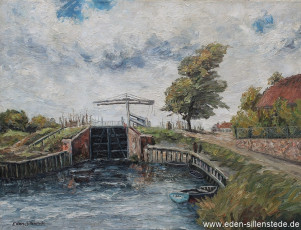 Carolinensiel, Friedrichsschleuse mit Brücke, 1955, 74,5x56,5 cm, Öl auf Leinwand, Privatbesitz (WV-Nr. 1478)