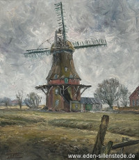 Waddewarden, Mühle, 1961, 51x58 cm, Öl auf Leinwand, Besitz Gemeinde Wangerland (WV-Nr. 1593)