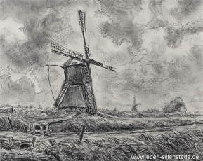 Aurich, Mühle Riepsterhammrich, 1950er, 26x21 cm, Kohlezeichnung, Privatbesitz (WV-Nr. 1599)