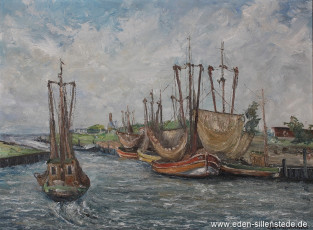 Bensersiel, Schiffe im Hafen, um 1963, 68,5x50,5 cm, Öl auf Leinwand, Privatbesitz (WV-Nr. 1598)