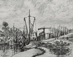 Carolinensiel, Friedrichsschleuse 1956, 1960er, 39x29 cm, Kohlezeichnung, Privatbesitz (WV-Nr. 1601)