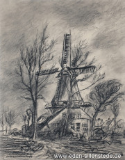 Jever, Stadt, Schlachtmühle, 1940-50er, 23x29 cm, Kohlezeichnung, Privatbesitz (WV-Nr. 1600)