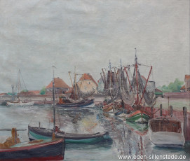 Hooksiel, Alter Hafen, 1955, 70,5x60,4 cm, Öl auf Leinwand, Privatbesitz (WV-Nr. 1604)