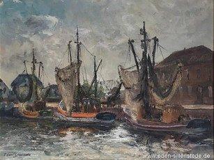 Hooksiel, Alter Hafen, um 1960, Öl auf Leinwand, Privatbesitz (WV-Nr. 1606)