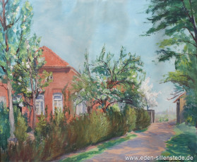 Sillenstede, Stummeldorf Haus Eggers, 1950, 35,3x29,5 cm, Tempera, Privatbesitz (WV-Nr. 1607)