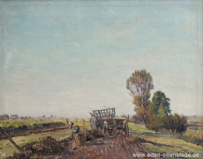 Unbekannter Ort, Feldarbeiter mit Ackerwagen, 1930-40er, 50,5x40 cm, Öl auf Leinwand, Privatbesitz (WV-Nr. 1605)