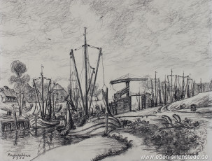 Carolinensiel, Friedrichsschleuse 1956, um 1969, 38x29,5 cm, Kohlezeichnung, Privatbesitz (WV-Nr. 1612)