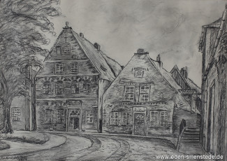 Jever, Stadt, Am Kirchplatz, Schwarzer Bär, 1954, 36x25,5 cm, Kohlezeichnung, Privatbesitz (WV-Nr. 1623)