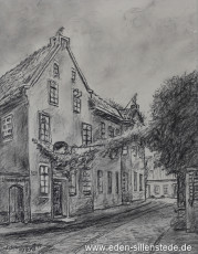 Jever, Stadt, Apothekerstraße, 1950, 19x24 cm, Kohlezeichnung, Privatbesitz (WV-Nr. 1621)