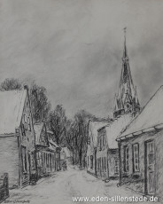 Jever, Stadt, Kleine Burgstraße, um 1954, 24x29 cm, Kohlezeichnung, Privatbesitz (WV-Nr. 1622)