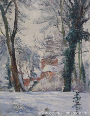 Jever, Stadt, Schloss im Winter, 1958, 54,5x70,5 cm, Öl auf Leinwand, Privatbesitz (WV-Nr. 1611)