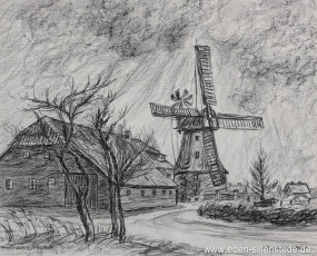 Sillenstede, Mühle, 1950er, 39x29 cm, Kohlezeichnung, Privatbesitz (WV-Nr. 1608)