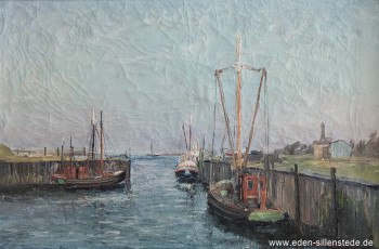 Bensersiel, Schiffe im Hafen, 1958, 72x45 cm, Öl auf Leinwand, Privatbesitz (WV-Nr. 1637)
