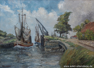 Carolinensiel, Friedrichsschleuse mit Brücke, um 1970, 68,3x50,4 cm, Öl auf Leinwand, Privatbesitz (WV-Nr. 1630)