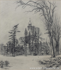 Jever, Stadt, Schloss mit Schlossgarten, 1950er, 29x33 cm, Kohlezeichnung, Privatbesitz (WV-Nr. 1635)