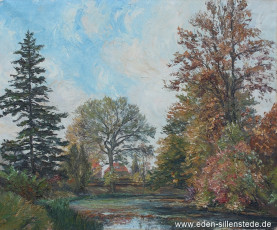 Jever, Stadt, Schlosspark, Schlossgraben, 1950er, 68,8x57 cm, Öl auf Leinwand, Privatbesitz (WV-Nr. 1625)
