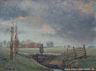 Jever, Umland, Blick auf Hof Berg an der Kleiburg, 1940er, 50x38 cm, Öl auf Leinwand, Privatbesitz (WV-Nr. 1633)