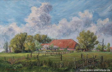 Jever, Umland, Blick auf Hof Berg an der Kleiburg, 1962, 80,2x52,3 cm, Öl auf Leinwand, Privatbesitz (WV-Nr. 1631)