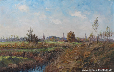 Jever, Umland, Blick auf Jever, um 1970, 86x55 cm, Öl auf Leinwand, Privatbesitz (WV-Nr. 1632)