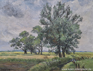Unbekannter Ort, Bäume auf einem Feld, 1950er, 76,5x58,2 cm, Öl auf Leinwand, Privatbesitz (WV-Nr. 1629)